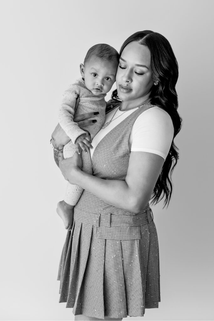A black and white portrait of mom and baby in a North Hollywood Baby Photography Studio.
