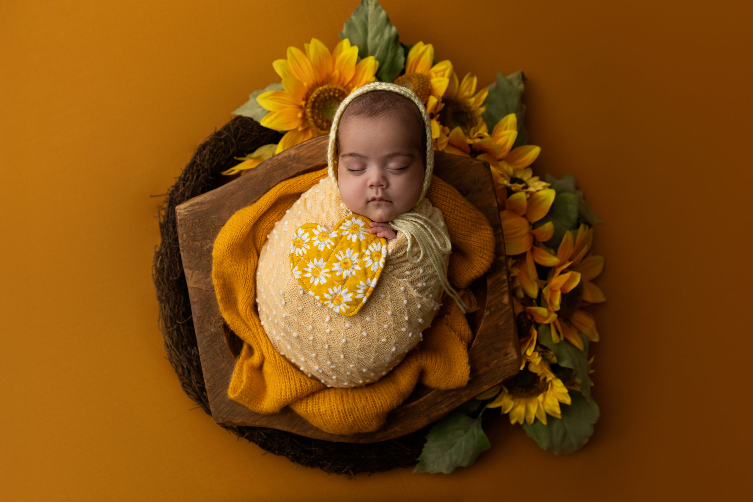newborn baby in yellow with daisies at a north hollywood photography studio